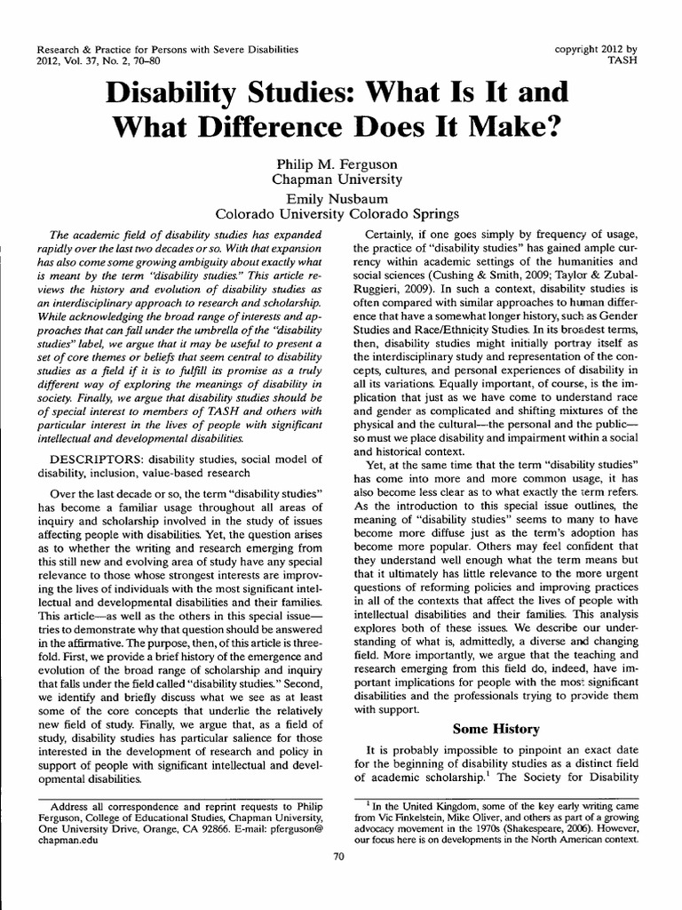 Disability Studies What Is It and What Difference Does It Make Ferguson ...