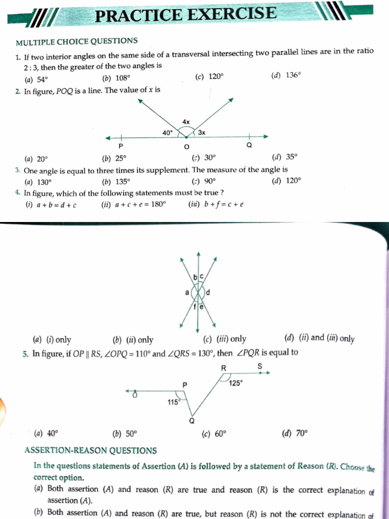 Lines and Angles Practice Questions | PDF | Perpendicular | Geometry