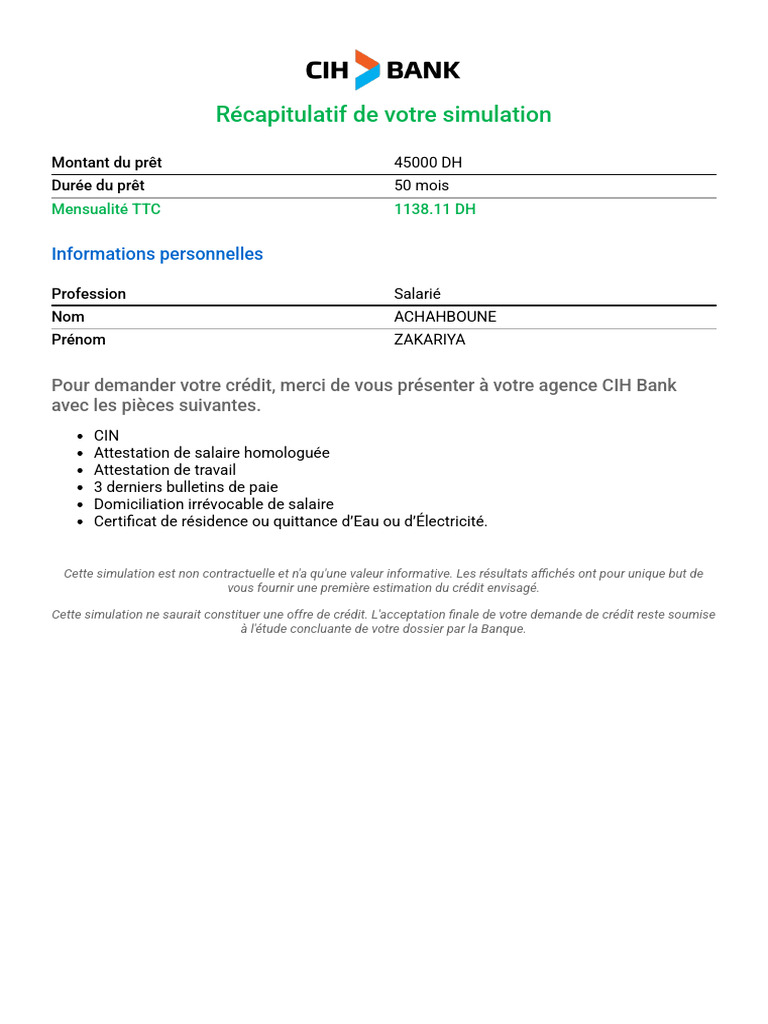 Simulation de prêt personnel CIH Bank | PDF