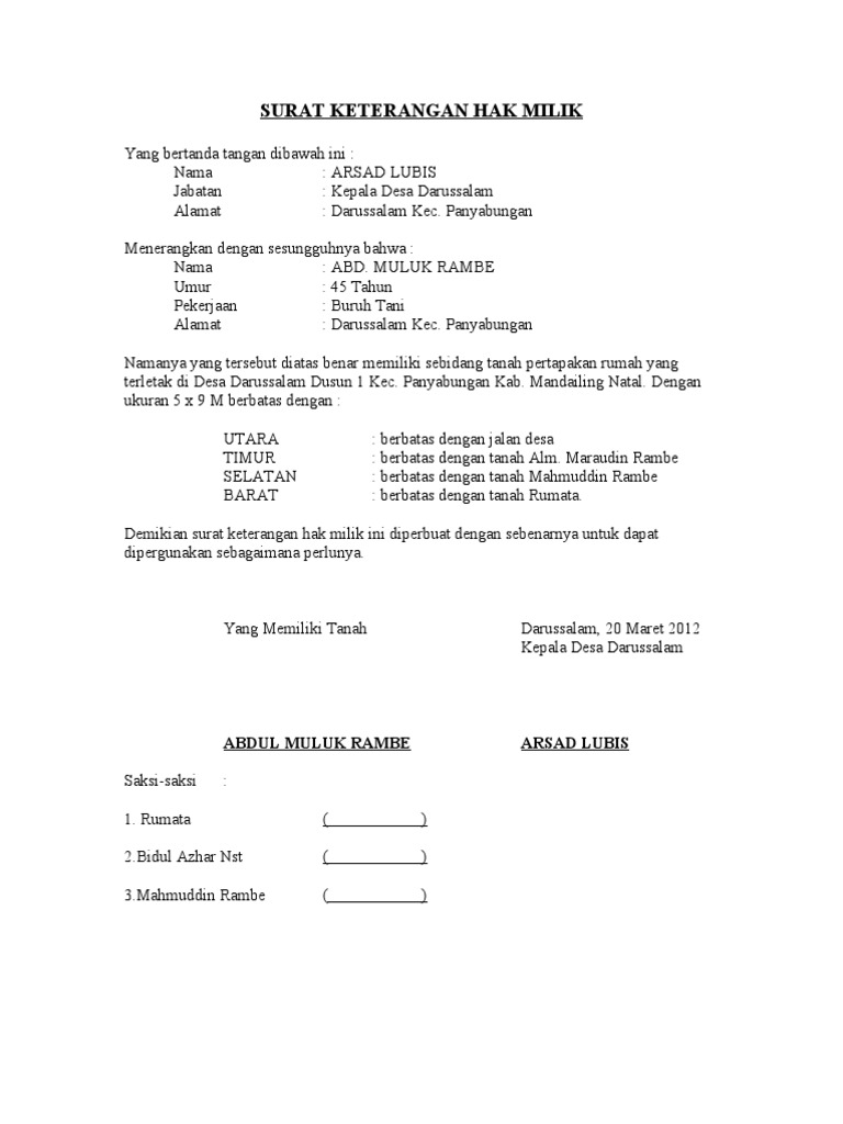 Contoh Surat Hak Milik Tanah - Homecare24