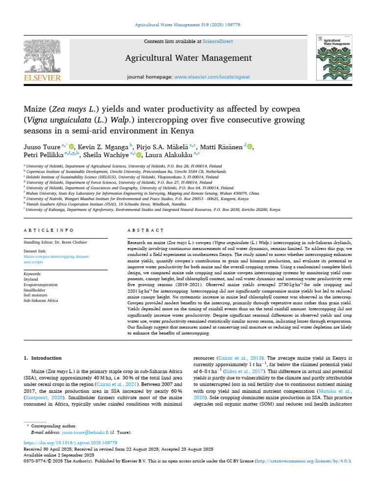 Maize (Zea Mays L.) Yields and Water Productivity As Affected by Cowpea ...