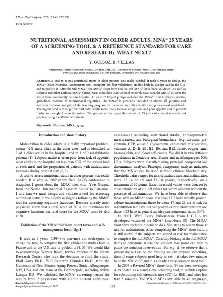 MNA®: 25 Years of Nutritional Assessment | PDF | Malnutrition | Geriatrics