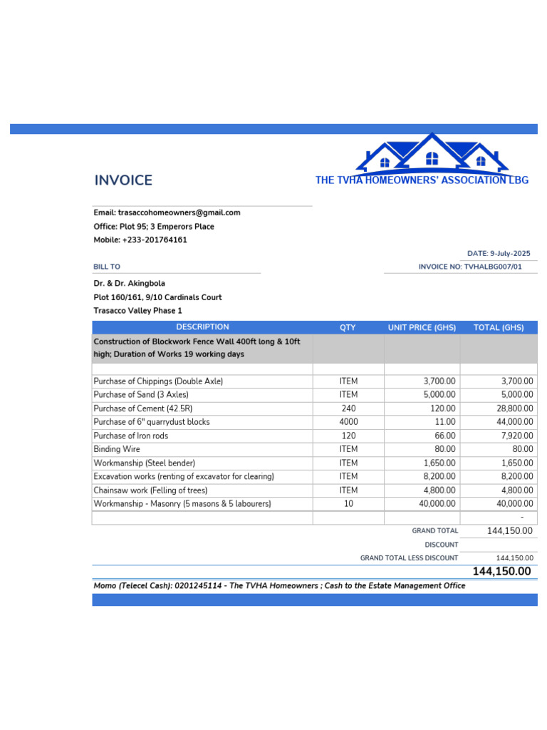 Invoice for Dr. Akingbola's Construction | PDF