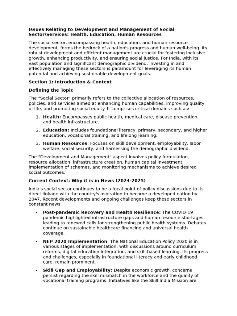 Issues Relating To Development and Management of Social Sector ...