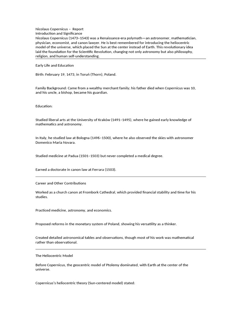 Nicolaus Copernicus - Report | PDF | Nicolaus Copernicus | Heliocentrism
