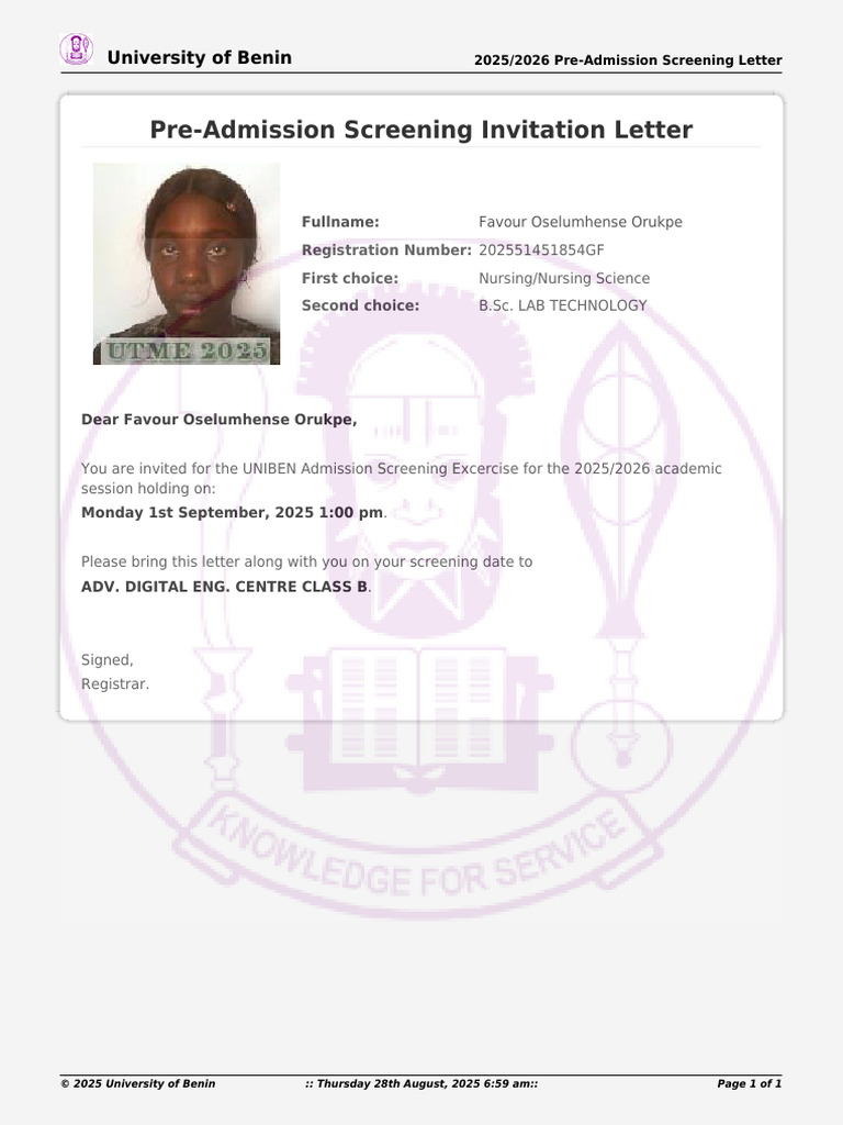 UNIBEN 2025/2026 Screening Invitation | PDF