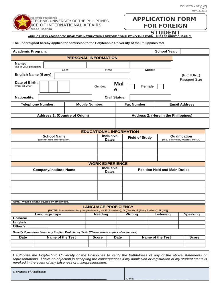 PUP Foreign Student Application Form | PDF | Birth Certificate | Notary ...