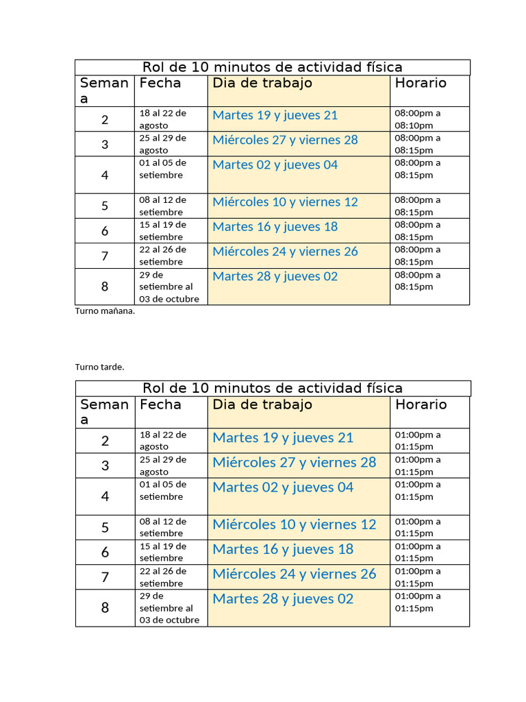Rol de 10 Minutos de Actividad Física | PDF