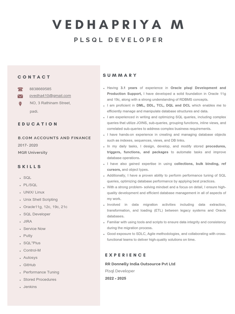PL/SQL Developer Resume Summary | PDF | Pl/Sql | Sql