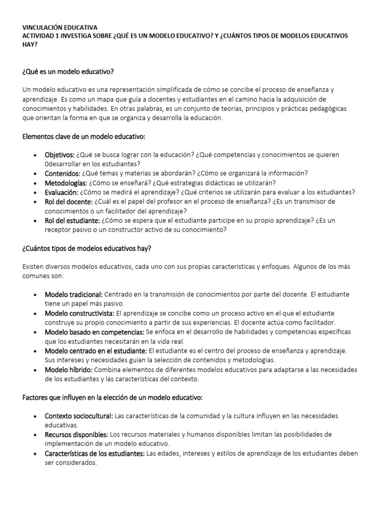 Vinculación Educativa Act 1 Modelos Educativos y Tipos | PDF ...