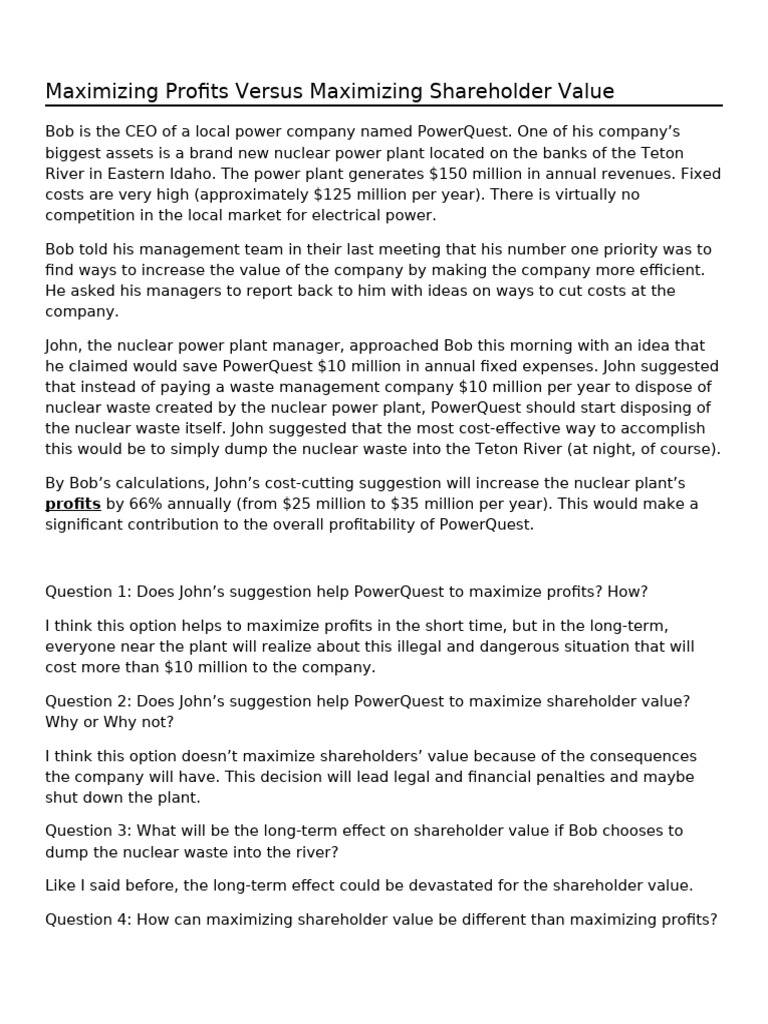 Maximizing Profits Versus Maximizing Shareholder Value (B301-02) | PDF ...
