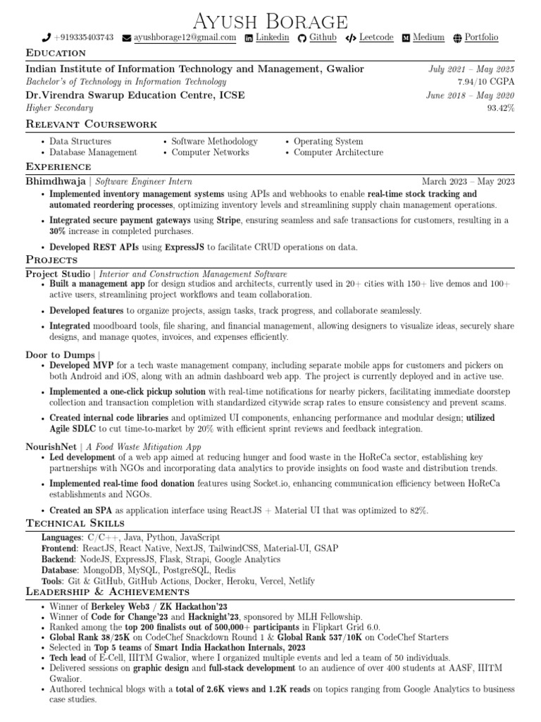 Ayush Borage: Software Engineer Profile | PDF | Software Development ...