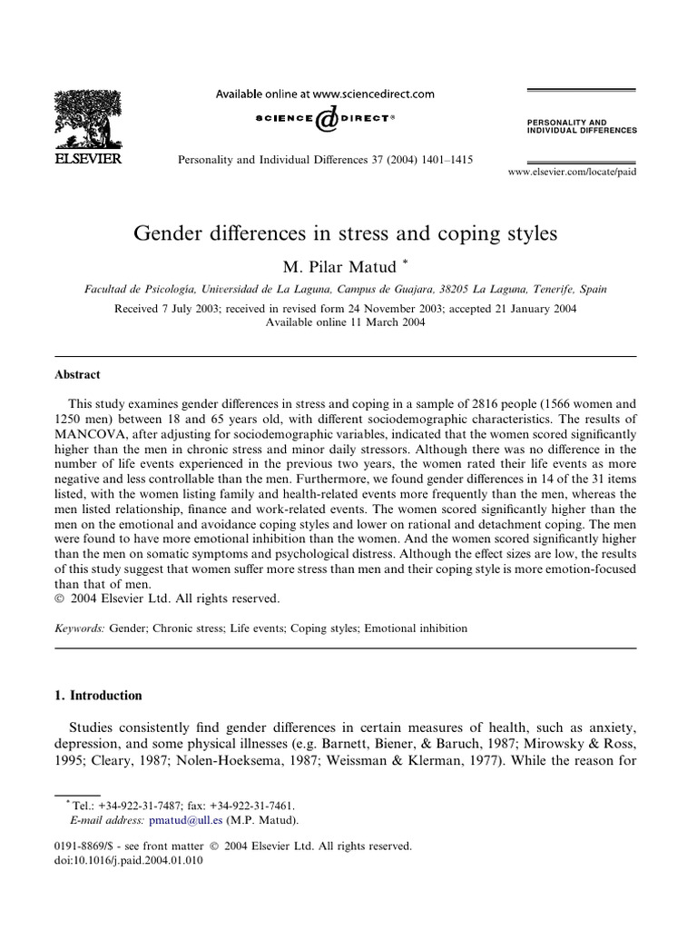 Gender Differences in Stress and Coping | PDF | Stress (Biology ...