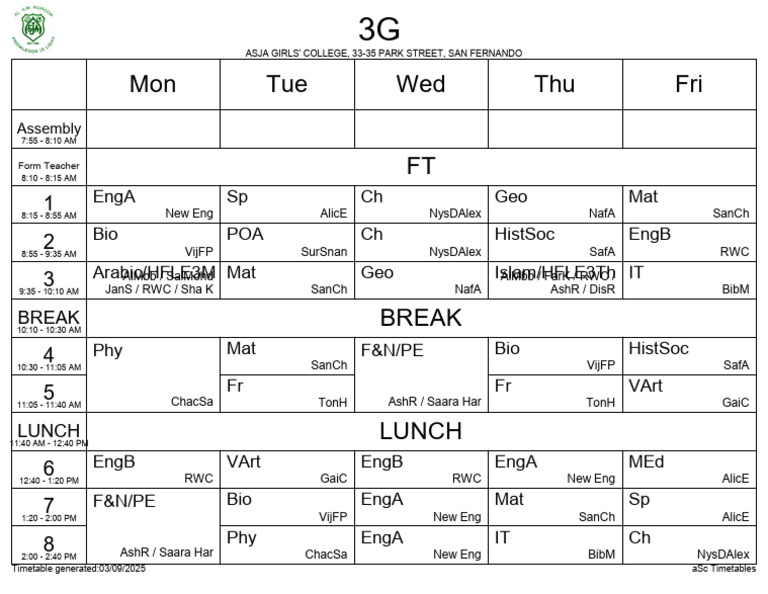 Form 3G Timetables 1 Per Page | PDF