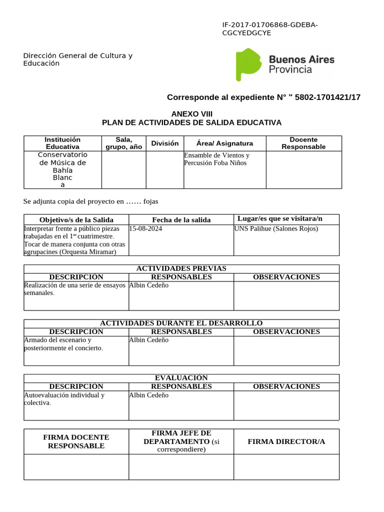 Plan de Actividades Salida Educativa 2024 | PDF
