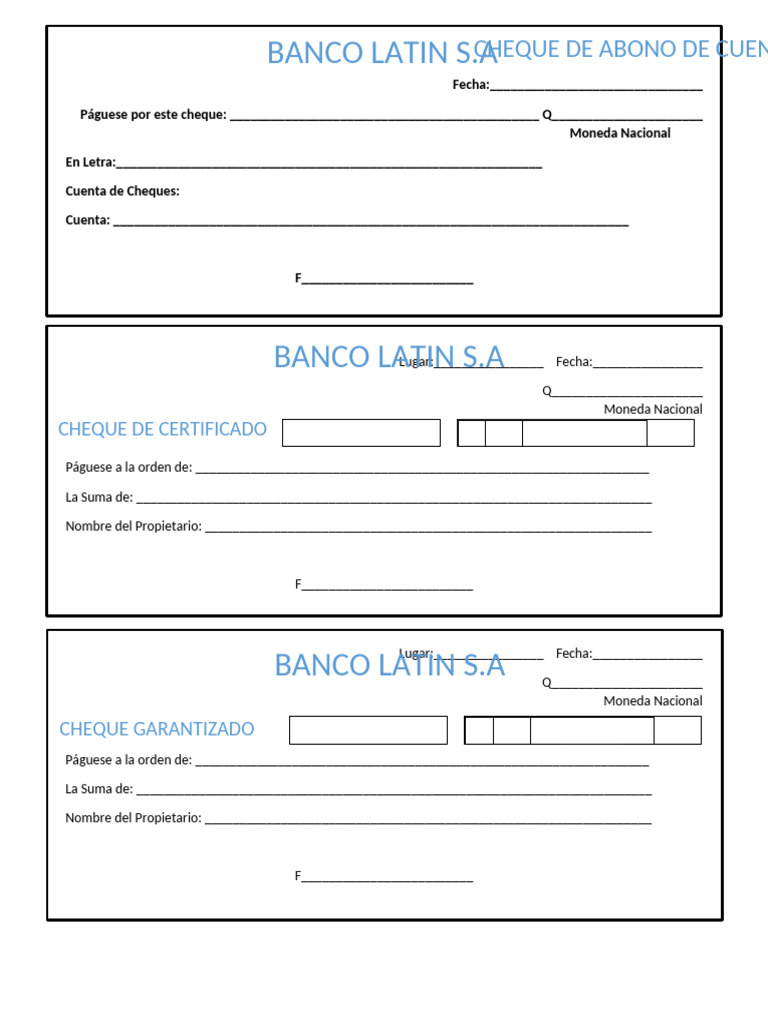 Formatos de Cheques Banco Latin S.A. | PDF | Bancos | Sector privado
