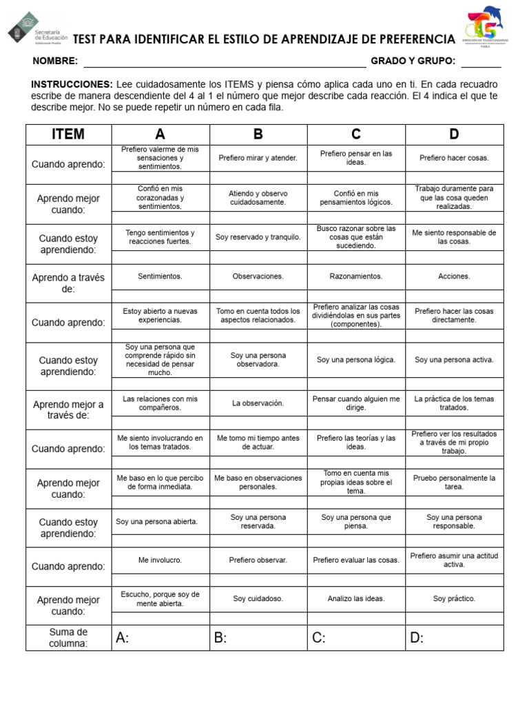 Test de Estilos de Aprendizaje | PDF | Pensamiento | Aprendizaje