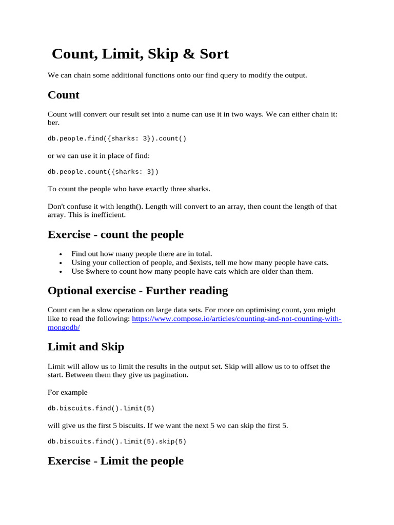 MongoDB: Count, Limit, Skip, Sort Guide | PDF | Computer Programming ...