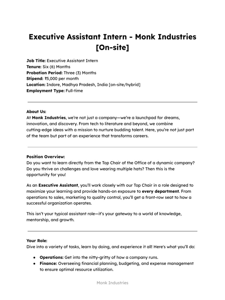Executive Assistant Intern at Monk Industries | PDF