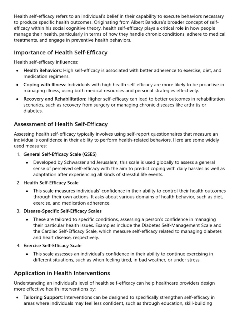 Health Self-Efficacy Assessment Tools | PDF | Self Efficacy | Psychology