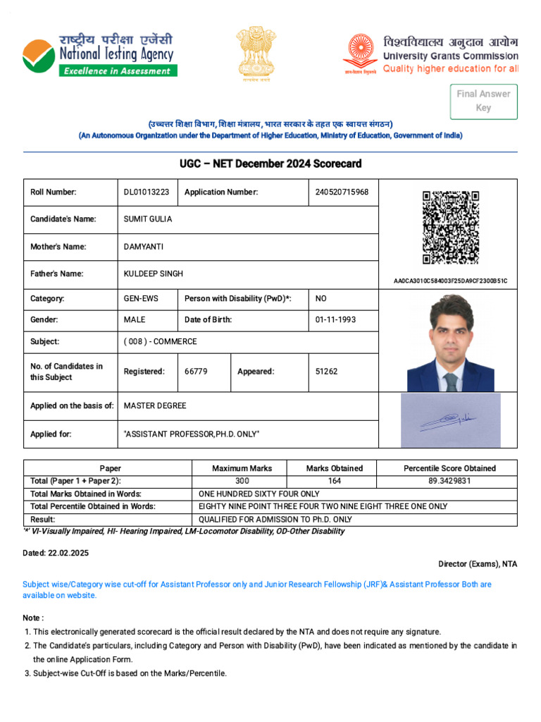 UGC-NET December 2024 Scorecard | PDF | Qualifications