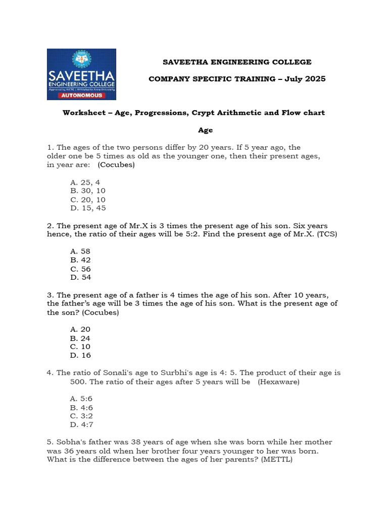 Age Problems, Progressions, and Crypt Arithmetic Worksheet | PDF ...