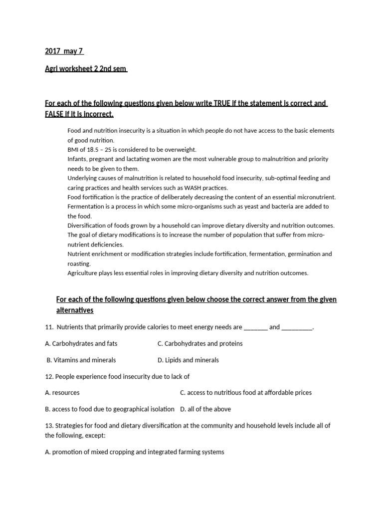 Food and Nutrition Insecurity Quiz | PDF | Nutrition | Diet & Nutrition