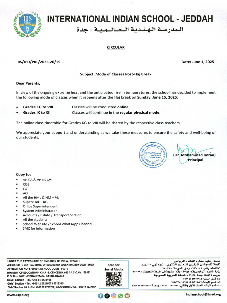 19-Circular - Mode of Classes Post From KG To XII - Post Haj - Dated 01 ...