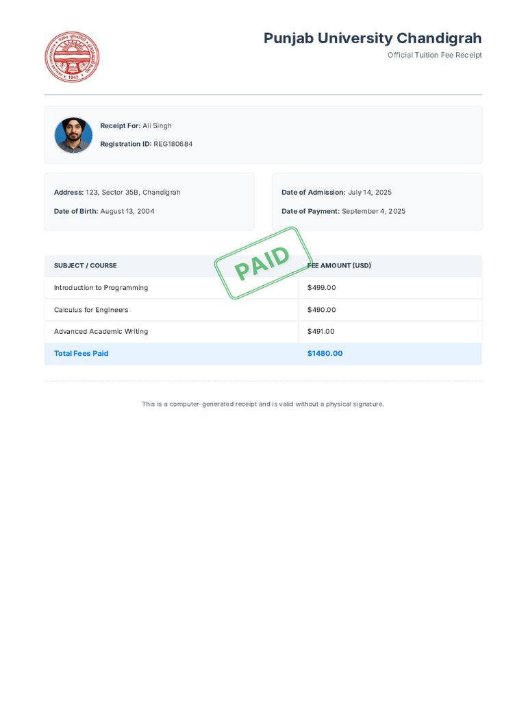 Ali Tuition Fee Receipt | PDF