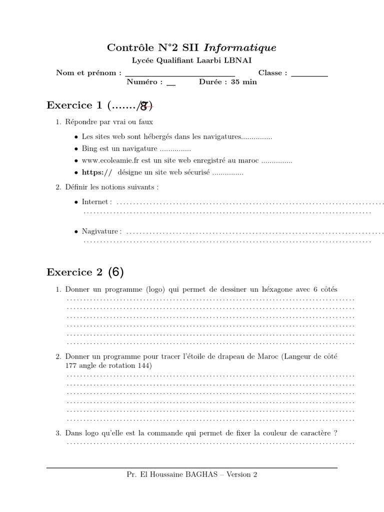 Contrôle SII Informatique Lycée Laarbi | PDF | Internet | Internet et Web