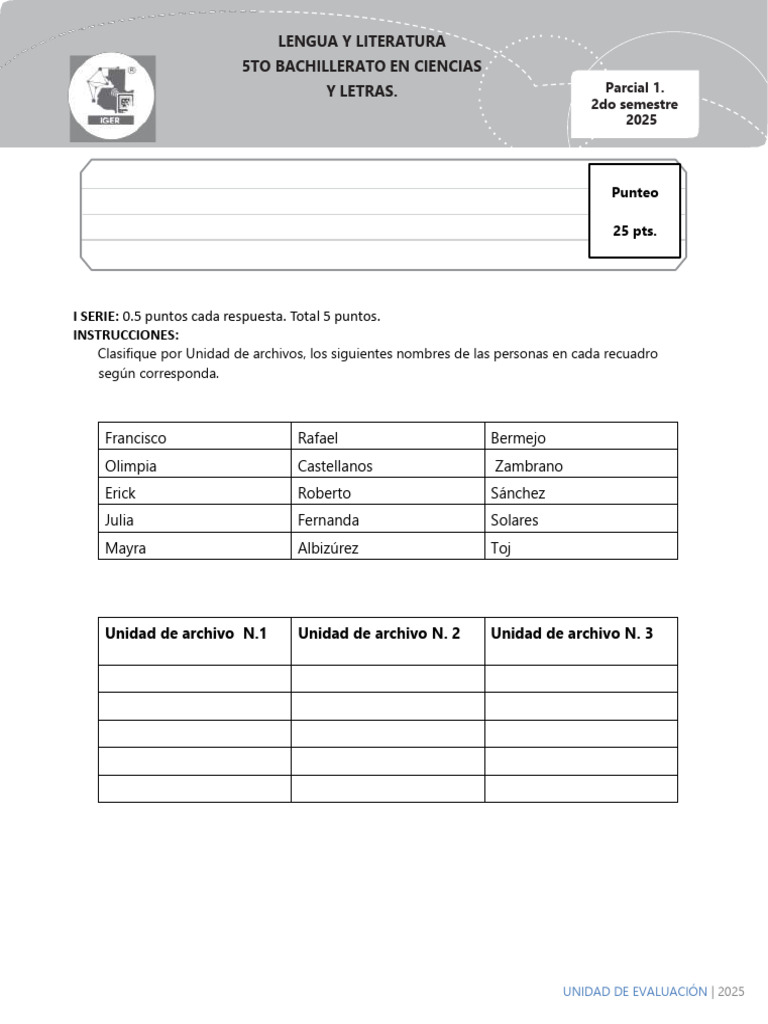 5to - Bach. 1er Parcial. 2do Semestre 2025 LENGUA Y LITERATURA | PDF
