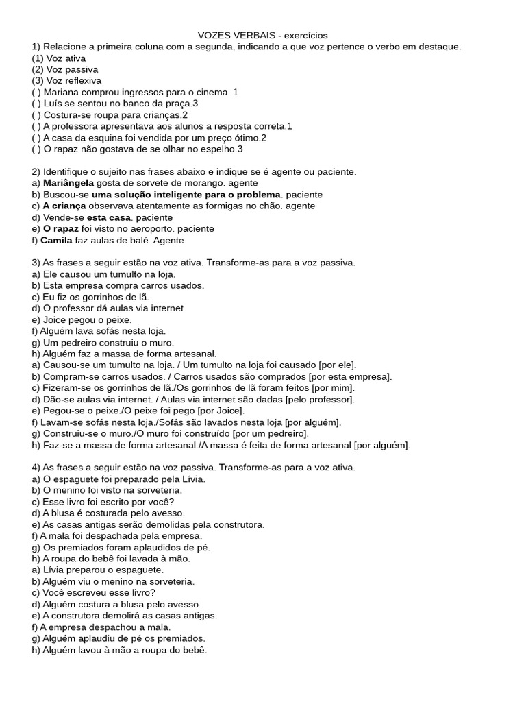 Exercícios sobre Vozes Verbais | PDF