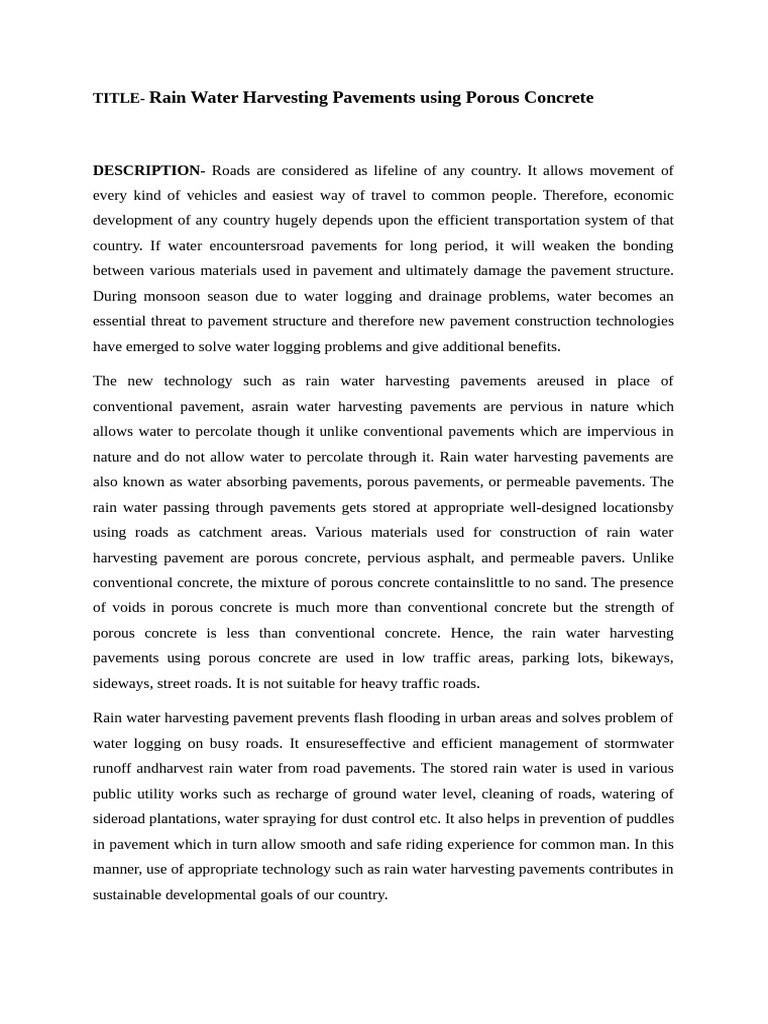 Rain Water Harvesting Pavements Using Porous Concrete | PDF | Road ...