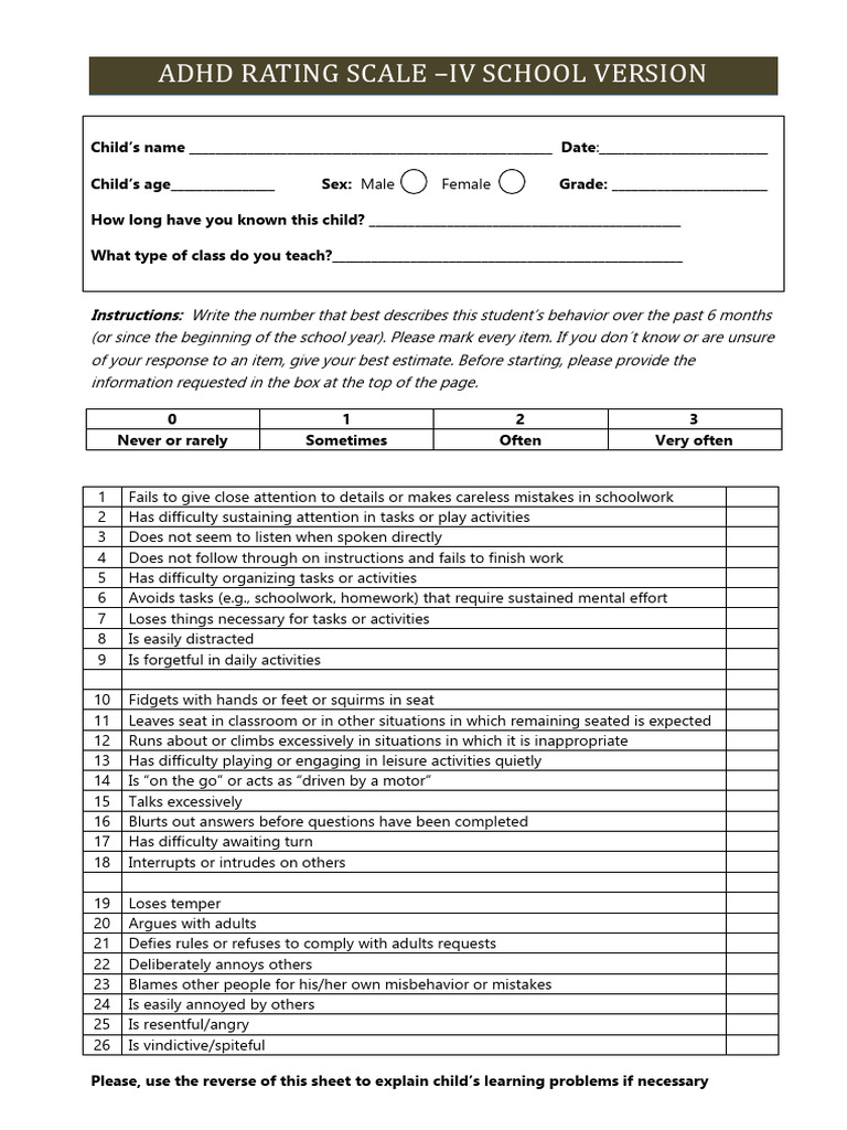 ADHD Rating Scale IV for Teachers | PDF