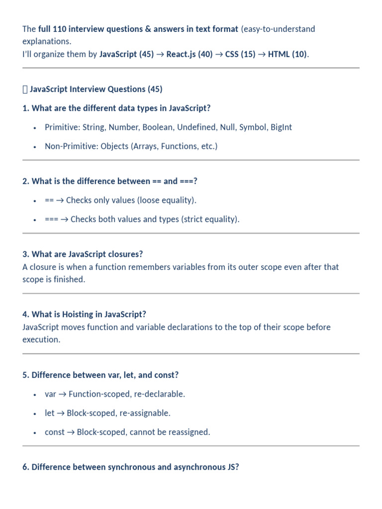 110 JavaScript, React, CSS Interview Q&A | PDF | Java Script ...
