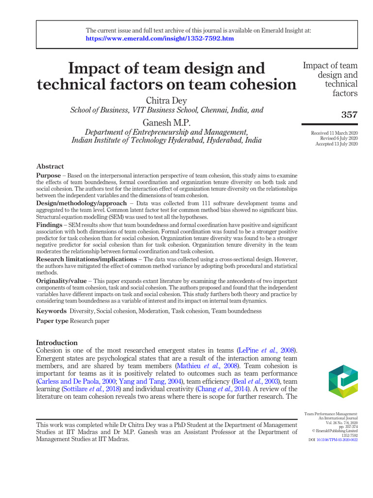 Dey and Gnesg 2020team Design and Team Cohesion | PDF | Structural ...