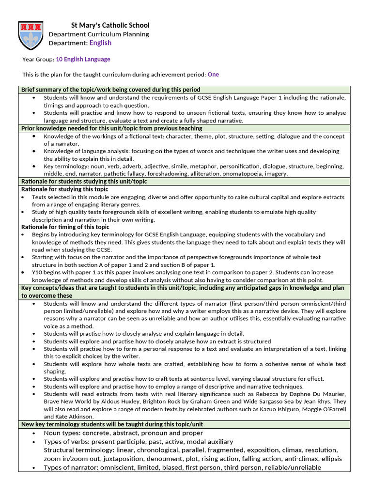 Year 10 English Language Curriculum Plan | PDF | Clause | Narrative