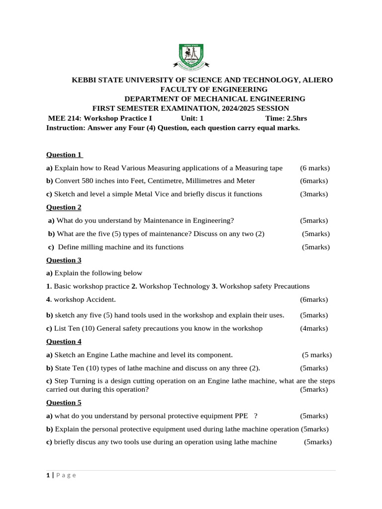 Workshop Practice I Exam Questions | PDF
