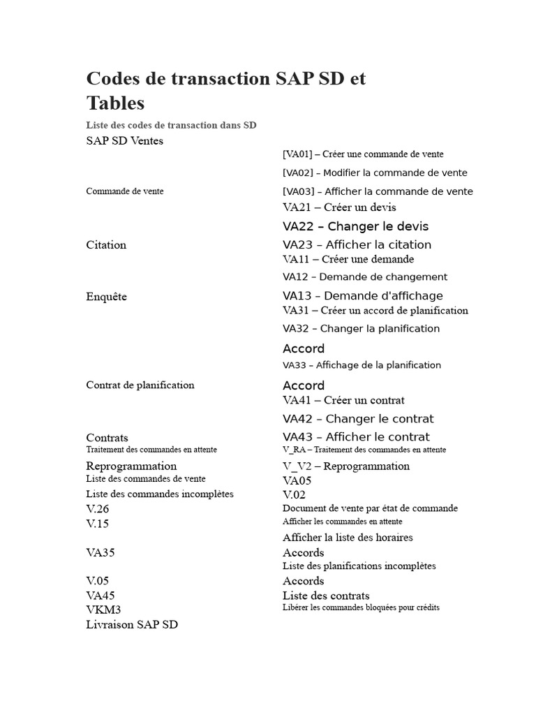 Codes de transaction SAP SD et tables | PDF | Facture