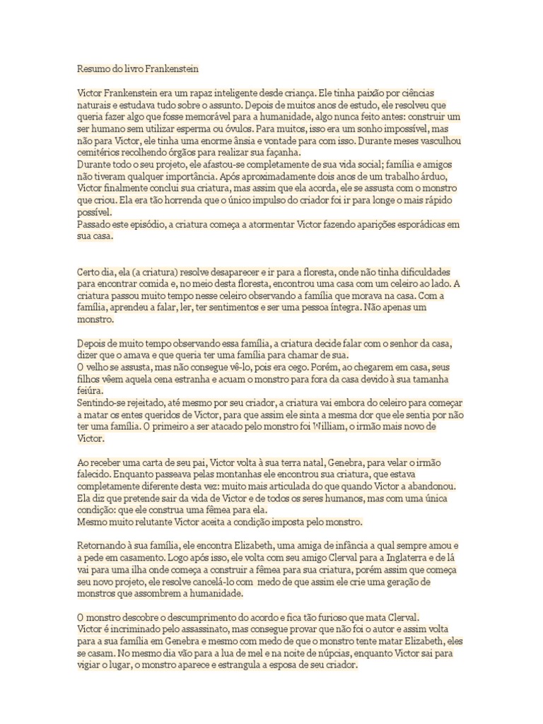 Resumo Do Livro Frankenstein PDF Frankenstein Elizabeth Primeira da Inglaterra