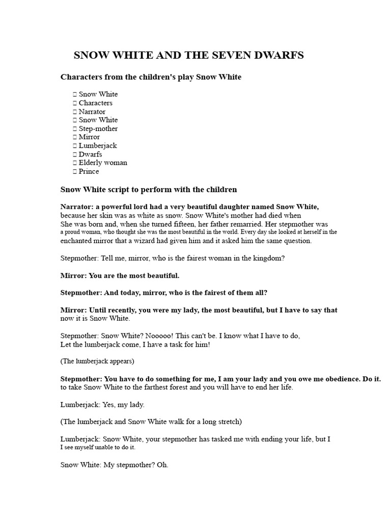 Snow White Play Script for Kids | PDF | Snow White | Fairy Tales