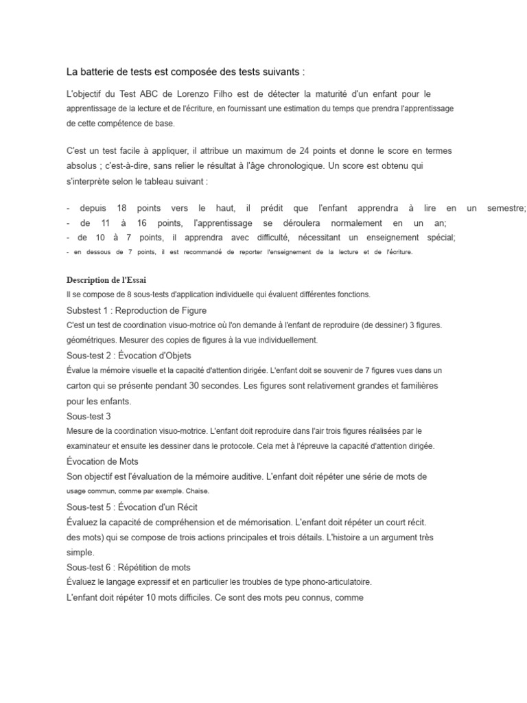Test ABC : Évaluation de la Maturité Scolaire | PDF | Apprentissage ...