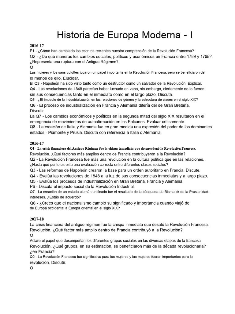PYQ Historia de Europa Moderna - I | PDF | revolución Francesa | Francia