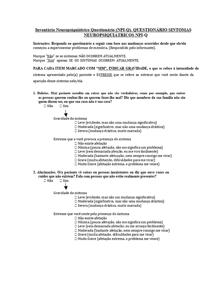 Questionário NPI-Q: Sintomas Neuropsiquiátricos | PDF | Ilusão | Ansiedade