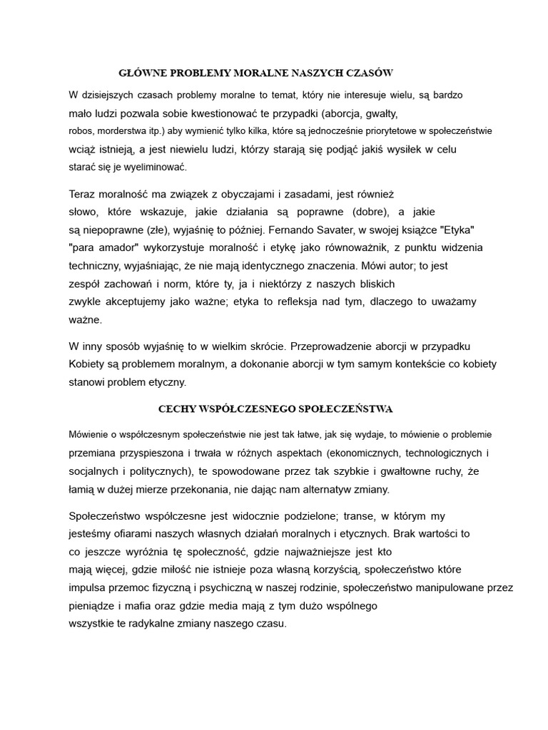 Esej Główne Problemy Moralne Naszego Czasu | PDF