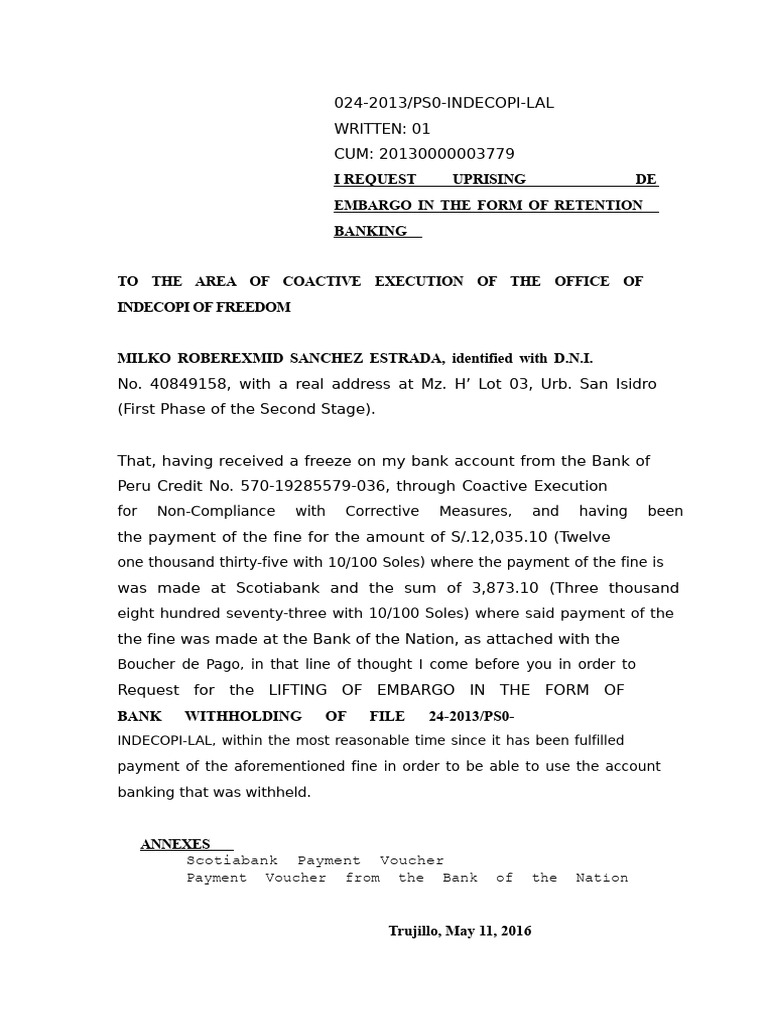 Request to Lift Bank Embargo | PDF