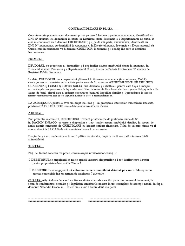 Model de Contract de Dare În Plată | PDF