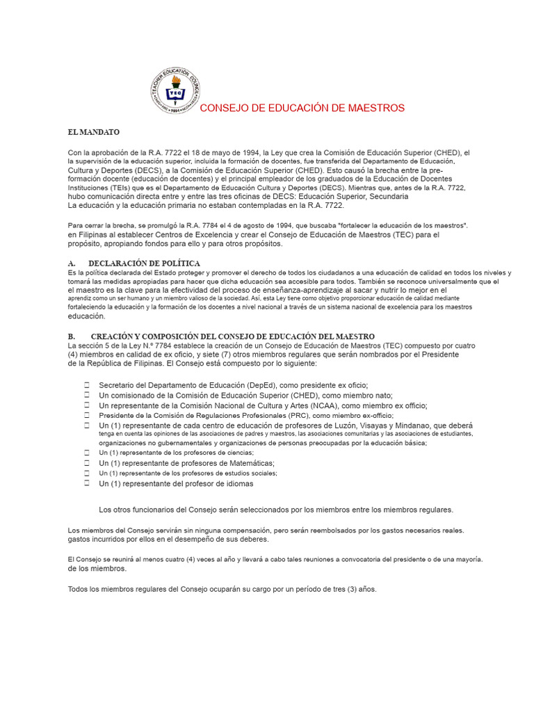 Creación y Funciones del Consejo de Educación de Maestros | PDF ...