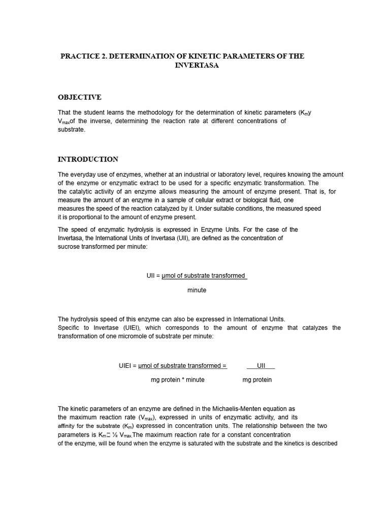 Practice 2. Determination of The Kinetic Parameters of Invertase | PDF ...