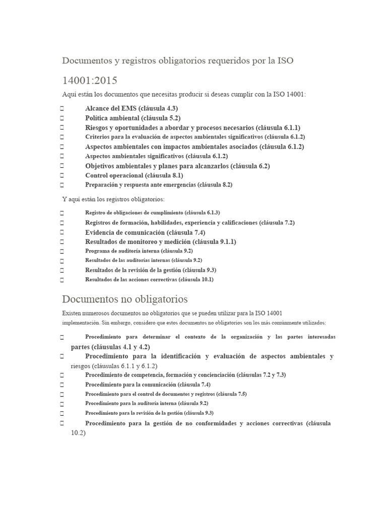 Documentos y Registros Obligatorios ISO 14001 | PDF